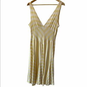 Yellow & Cream Striped Stretch Deep V MIDI Dress M